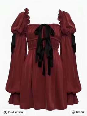Rumored Burgundy Puff-Sleeve Mini Dress with Black Ribbon Ties